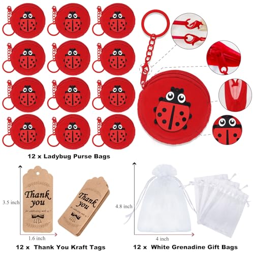 36 Pack Ladybug Change Purses Set Include 12 Ladybug Wallets with Keyrings, 12 Thank You Tags and 12 Organza Bags for Ladybug 1st Birthday Baby Shower Birthday Party Decoration,Red2