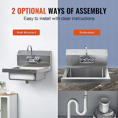 VEVOR Commercial Hand Sink with Faucet, Stainless Steel Sink for Washing, Small Hand Washing Sink, Wall Mount Hand Basin, Utility Sink for Restaurant, Kitchen, Bar, Garage and Home, 17 x 12.8 inch by VEVOR - Image 5