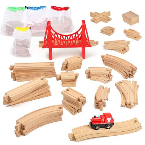 wooden train tracks 60 piece set track expansion accessories for toddlers 3-5 - 100 compatible with all major brands including thomas amp brio wooden railway system