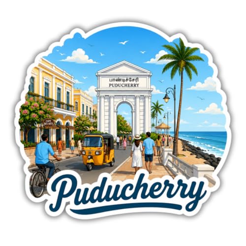Image of Puducherry Theme Souvenir Wooden Fridge Magnet for Refrigerator - Printed Fridge Magnet for Kitchen & Fridge Decor | Perfect Souvenir Gift | Fridge Decoration | Size 3x3 Inches | Pack of 1