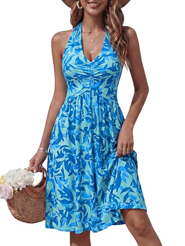 Image of ZABERRY Women Summer Sundresses Halter Neck Deep V Tie Backless Floral Ruched Vacation Beach Dresses 2025 with Pockets
