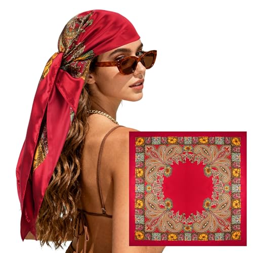 Vylxuxa Large Square Head Scarf Bandana - 35 Satin Hair Scarf for Women Like Silk Scarf Fashion Printed Red Head Scarves for Hair Wrapping