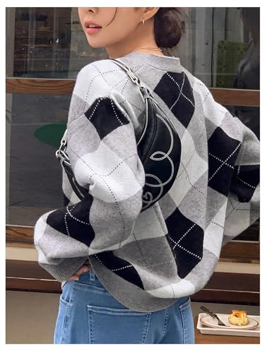 SHENHE Women's Argyle Sweater Button Down V Neck Plaid Cardigan Sweater Outerwear2