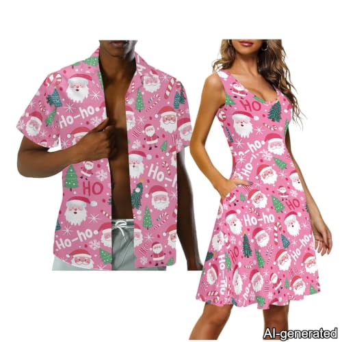 Image of Dreaweet Summer Dresses for Women A-Line Sleeveless Flowy Sun Dresses,Men's Casual Button-Down Shirts,Couple Matching Outfits