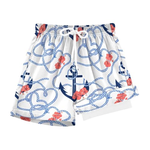 YANENDIE Boy Swim Trunks with Compression Liner Nautical Hibiscus Anchors Boys Swim Shorts Quick Dry Beach Shorts