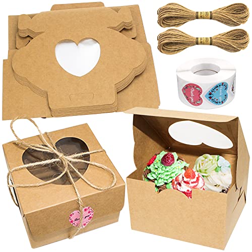 LBING Cupcake Box Kraftpapier Geschenkboxen Karton Mit Sichtfenster Herzförmige Cupcake Boxen 24 Stk Mit Aufkleber und Seil für Keksschachtel Mehlspeisenkarton Dessert Cupcakes Kraftpapier Box