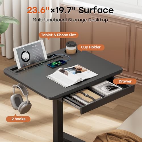 Image of Small Mobile Standing Desk with Drawer, 23.6 inchx19.7 inch Rolling Laptop Cart on Wheels, Height Adjustable Sit Stand Computer Workstation with Storage for Compact Space, Black