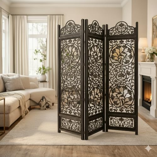 Image of Wooden Room Divider Decorative Foldable Privacy Screen Hand Carved Partition for Living Room Bedroom Office Decor (6 Feet 4 Panel Dark Brown Each Panel Size 72X20 Inch)