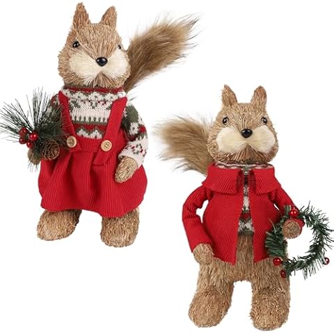 winemana 2 Pack Christmas Squirrel Tabletop Decorations, Sisal Squirrel Figurine for Home Decor Woodland Animals Rustic Xmas Ornaments for Table Office Indoor Forest Decor Seasonal Gifts Cover