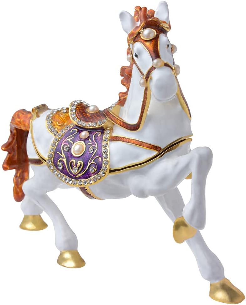 Golden Crystal Enameled Horse Jewelry Box, Hand-Painted Hinged White Horse Trinket Box, Elegant Home Décor & Unique Gift for Equestrians