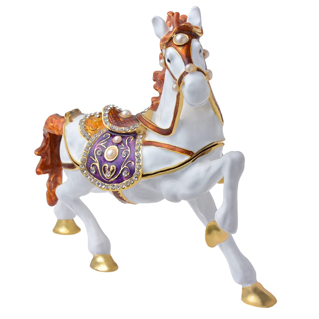 White Horseの置物 5.51インチ 小物入れ ジュエリーボックス ヒンジ付き ゴールデンクリスタル エナメル加工 動物 ホームデコレーション 特別な日のギフト