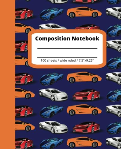 Race Car Composition Notebook: red blue orange silver | 7.5" X 9.25" | Wide Ruled Lined 100 Pages | Cute Aesthetic School Supplies for Boys, Kids, Teens, Students: Cool Unique Back to School Supplies image 2