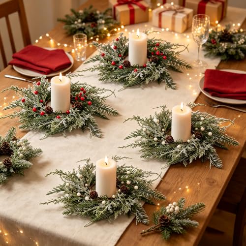 Image of 4 PCS Fall Candle Ring Wreaths Artificial Autumn Candle Holder Wreath | Thanksgiving Candle Ring with Berries Eucalyptus Forsythia for Farmhouse Harvest Pillar Candles Table Centerpiece Decor