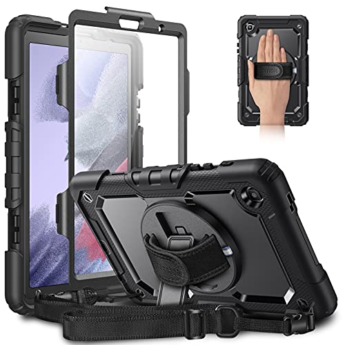 CaseBot Hülle für Samsung Galaxy Tab A7 Lite 8.7 2021, 360° Drehbar Stände mit Handschlaufe Schultergurt für Tab A7 Lite 8.7 Zoll SM-T220/T225/T227 Stoßfeste Schutzhülle, Schwarz Cover