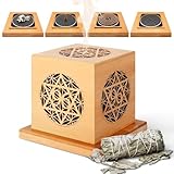 YERHOME[無農薬 ホワイトセージ35g+竹製 彫刻透かしお香立て セット] お香 セージの葉 浄化、アロマ ホワイトセージ 枝付き 空间净化、 線香立て 灰がこぼれない オシャレ、線香ホルダー 金属ネット付き お洒落なデザイン、香立 素敵なデザイン、香炉 美しい、パワーストーンの浄化皿 綺麗なキューブ型、コーン型 ミニ蚊取り線香 長香 渦巻き香にも対応する万能設計（五芒星飾り）