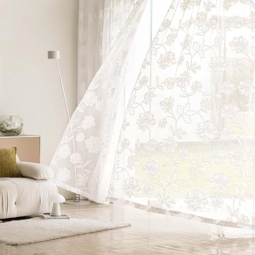 Image of White Lace Sheer Curtains 63inch Rose Knitted Net Curtains with Vintage Floral Embroidered for Living Room Bedroom Window Privacy Country Chic Retro Leaf Semi Sheer Drapes Rod Pocket 54 inchW 2Panels