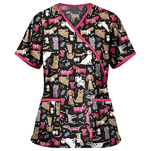 Nurse Tops for Women, Womens Short Sleeve V-Neck Tops Animal Print with Pockets Lacing Custom Working Uniform Blouse Black