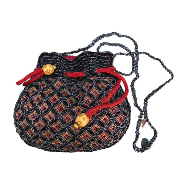 OLL OO LA LA BEAUTY luxury red and grey color satin fabric zari-zardosi handcrafted batua style beaded work with drawstring and beads handles potli bags or wristlets for girls/women - Image 3