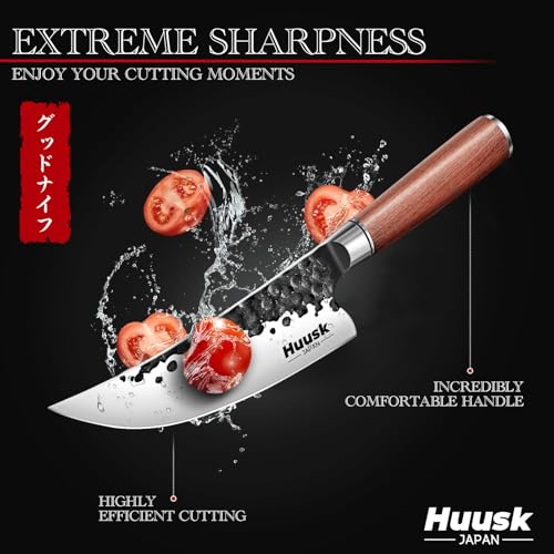 Image of Huusk Japanese Butcher Knife for Meat Cutting- Skining Knife for Processing | Sharp Viking Meat Knife, Hand Forged High Carbon Steel, Wood Handle, for Home Kitchen BBQ Cooking, Gifts for Chef Men Women