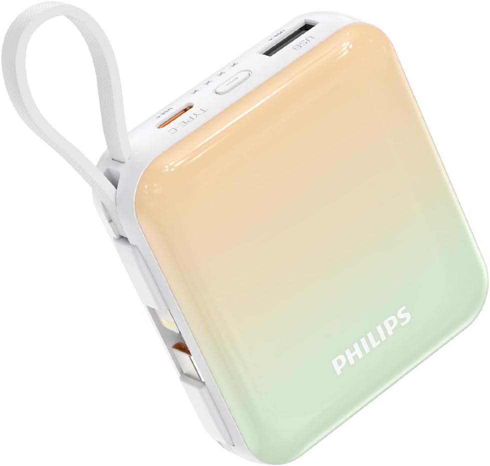 Philips (フィリップス) モバイルバッテリー 10000mAh 大容量 小型 携帯充電器 Lightning type-c ケーブル内蔵 22.5W タイプc ライトニング 4台同時充電 スマホ 充電器 持ち運び iPhone 16 / 15 Android iPad 各種機器対応 PSE認証済 (グリーン黄)  Amazonで販売中