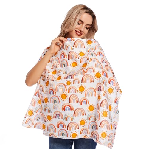 Image of Nursing Cover for Baby Breastfeeding Boho Rainbow Soft Breathable Cotton Breastfeeding Cover for Mom with Rigid Hoop for Mother Nursing Apron