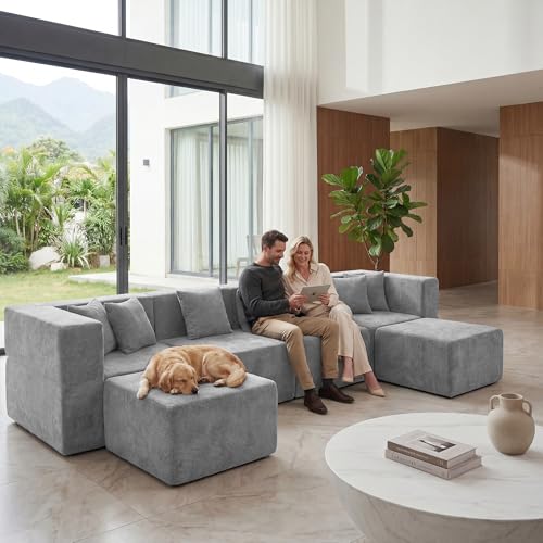 Image of MONVANE 130'' Oversized Boneless Sectional Couches for Living Room, 6-Seat U Shaped Cloud Couch, Modular Sofa with Ottoman & 6 Throw Pillows, Comfy Chenille, No Assembly Required, Light Gray
