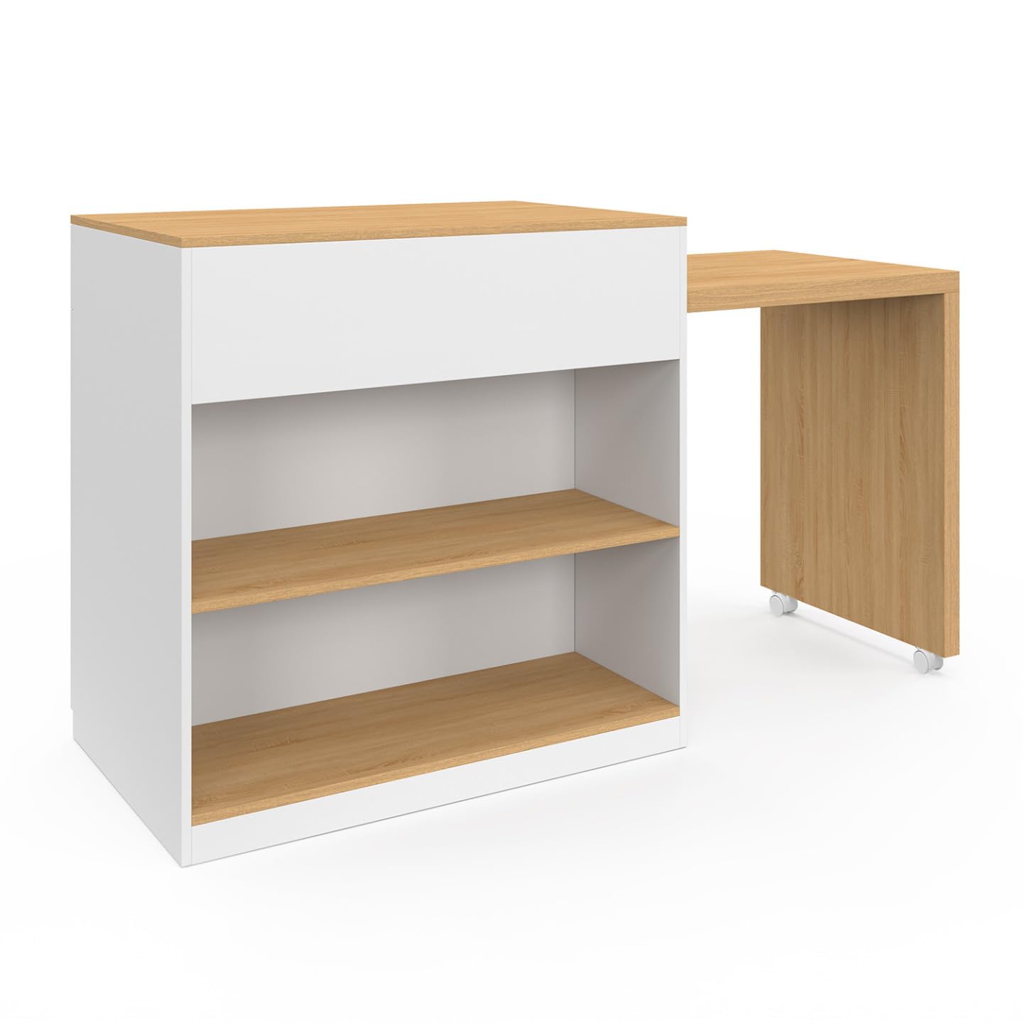 IDMarket - Ilot Central VITO 94-155 cm Bois Blanc avec Table à Manger Extensible intégrée façon hêtre