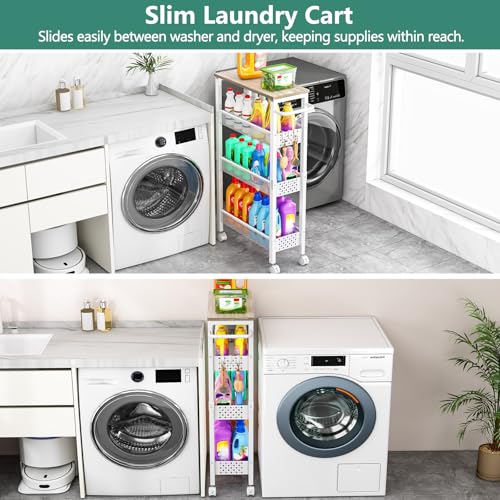Image of Vivihomety Utility Slim Storage Cart, 4 Tier Small Rolling Kitchen Laundry Room Cart with Wood Top, Metal Bathroom Storage Cabinet Mobile Shelf Unit Organizer Trolley with Handle for Narrow Space