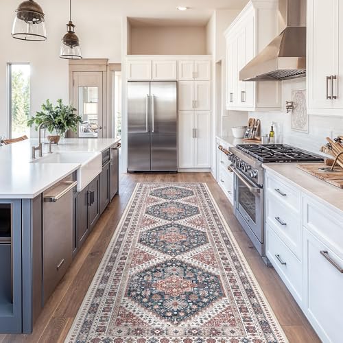 Madane Hallway Runner Rug 2'6''x10' Kitchen Runner, Non Slip Vintage Runners for Hallways Washable Kitchen Rugs Soft Low Pile 2.5x10 ft Rug Runner for Laundry Room, Entryway and Bedroom, Navy Blue