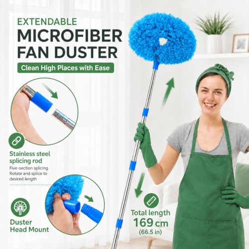 Image of Maxoshine Fan Cleaner Brush with Long Rod Flexible Fan Cleaning Mop Microfiber Dust Cleaner Foldable Duster Microfiber Duster for Cleaning of Home, Kitchen, Car