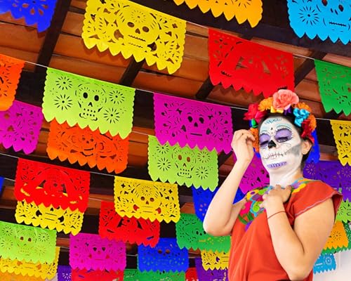 MexFabricSupplies Dia de Los Muertos Papel Picado, Day of The Dead Banners, 5 Pack|Tissue Paper