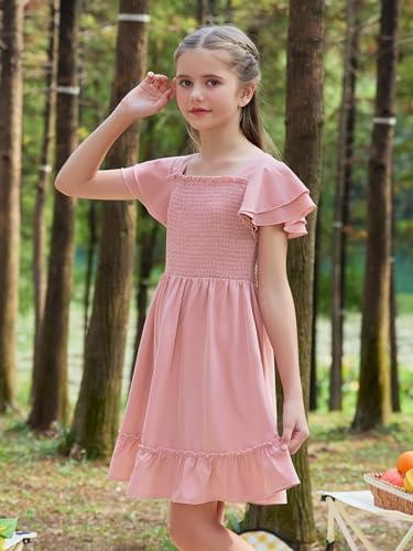 GORLYA Girls Square Neck Elegant Flowy Sleeve Shirred Bodice Ruffle Hem Babydoll A-Line Dress 6-14Y3