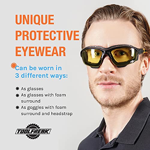 Image of ToolFreak Spoggles Safety Glasses for Work and Sport HD Yellow Lens, Anti Glare, Impact Protection, Filter Out Blue Light, Foam Padded, ANSI Z87 Rated, Head Strap and Carry Pouch