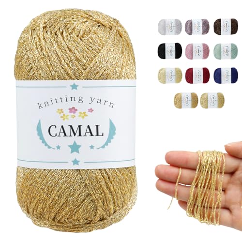 CAMAL Hilo Metalizado para Crochet, 1mm x 300m Hilo De Lujo Crochet Bolsa, Brillo Metalizado Poliéster Yarn para Bordados, Muñecas, Proyectos Brillantes DIY (Oro)