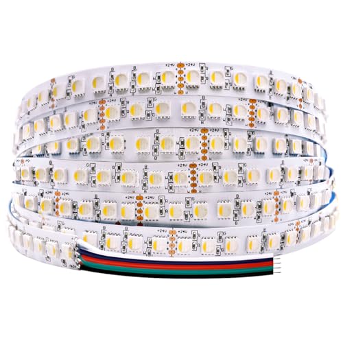 SLL HUT 24V High Density RGBW LED Strip Lights 120LEDs/m 5m/16.4ft Brightest CRI 90+ 6000K White RGB Cuttable Bendable Flex LED Ribbon Lights Color-Changing 12mm Width (RGB+6000K IP20 White PCB)