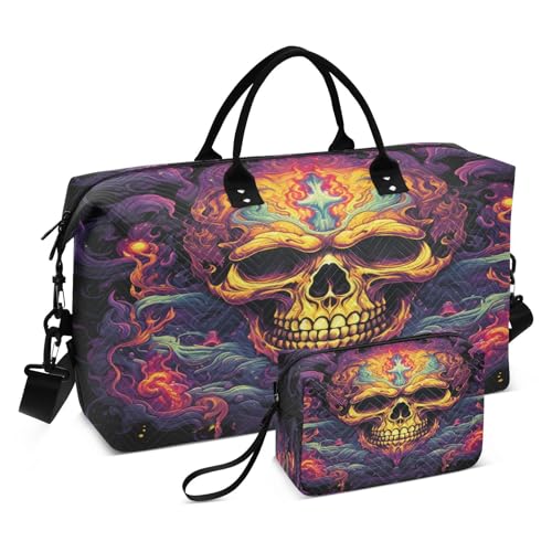 Cool Fired Skull Flames Sports Swim Gym Bag Weekender Duffel Travel Bags Handbag with Makeup Storage Bag for Girls Men