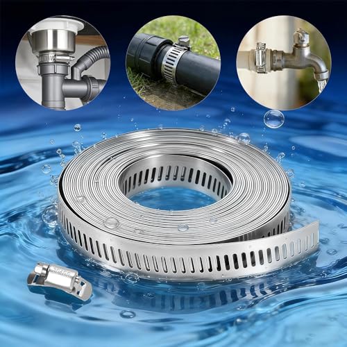 Image of 304 Stainless Steel Adjustable Hose Clamp Kit with 5 Fasteners | 6.6ft cut-to-fit flexible worm gear band, heavy duty pipe strap clamps for plumbing, automotive, and industrial.
