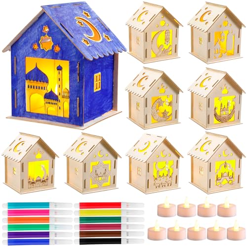 Lineshading 9 Pcs Eid Mubarak Wooden House with 12 Watercolor Pens and 9 LED Flameless Tealight Candles DIY Luminous Graffiti Crafts Ramadan Decorations Wooden Eid Houses for Kids Paint Party Supplies