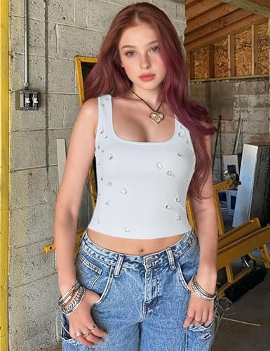 Angels' Tears Y2K Women's Rhinestone Embellished Ribbed Square Neck Sleeveless Crop Top2