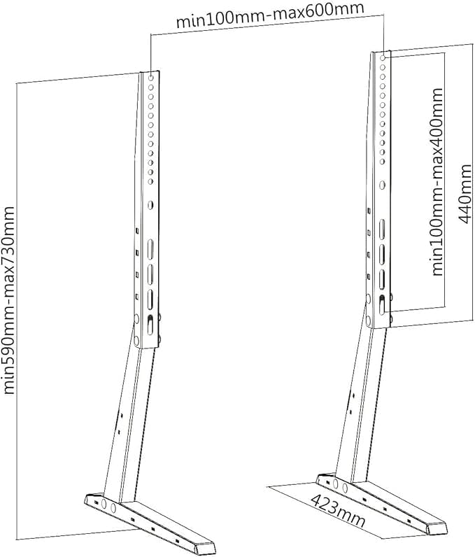 Technical drawing of PureMounts PM-TVS-02 TV stand with dimensions
