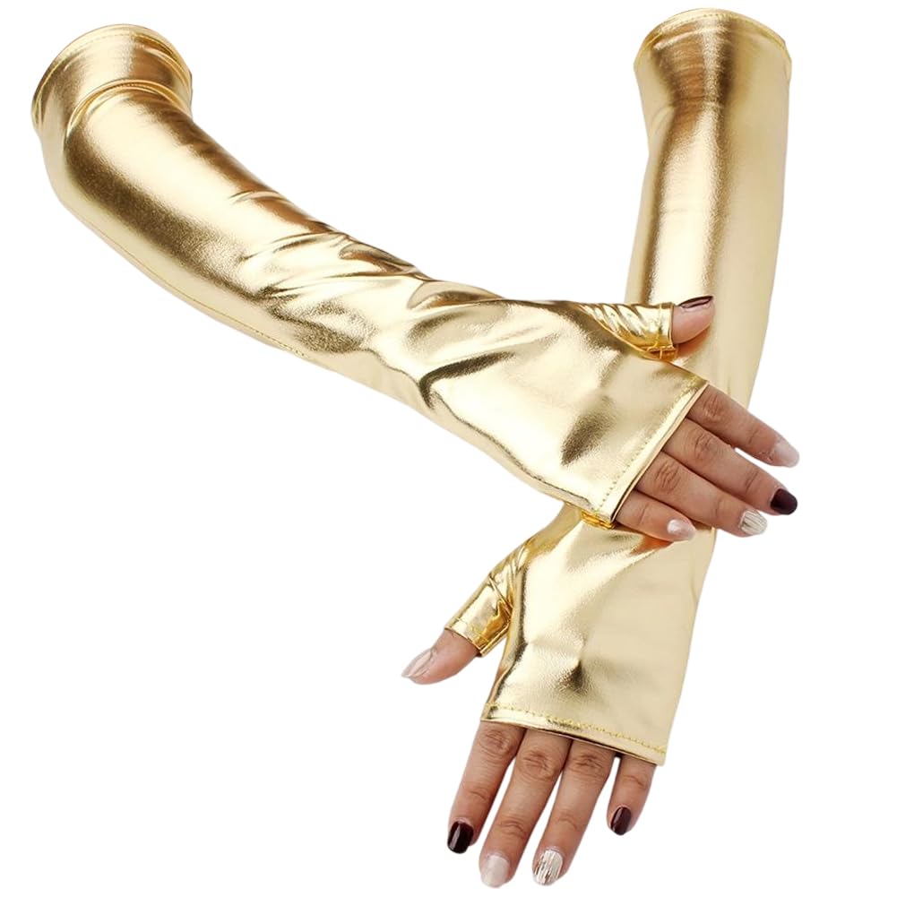CALFOVERA Shiny Metallic Gold PU Leather Arm Sleeves Long Half Palm Fingerless Gloves Stretchy Gothic Rock Stage Gloves Punk Dress Up Arm Warmer for Women Girls Halloween Costume Party Cosplay โ image 1