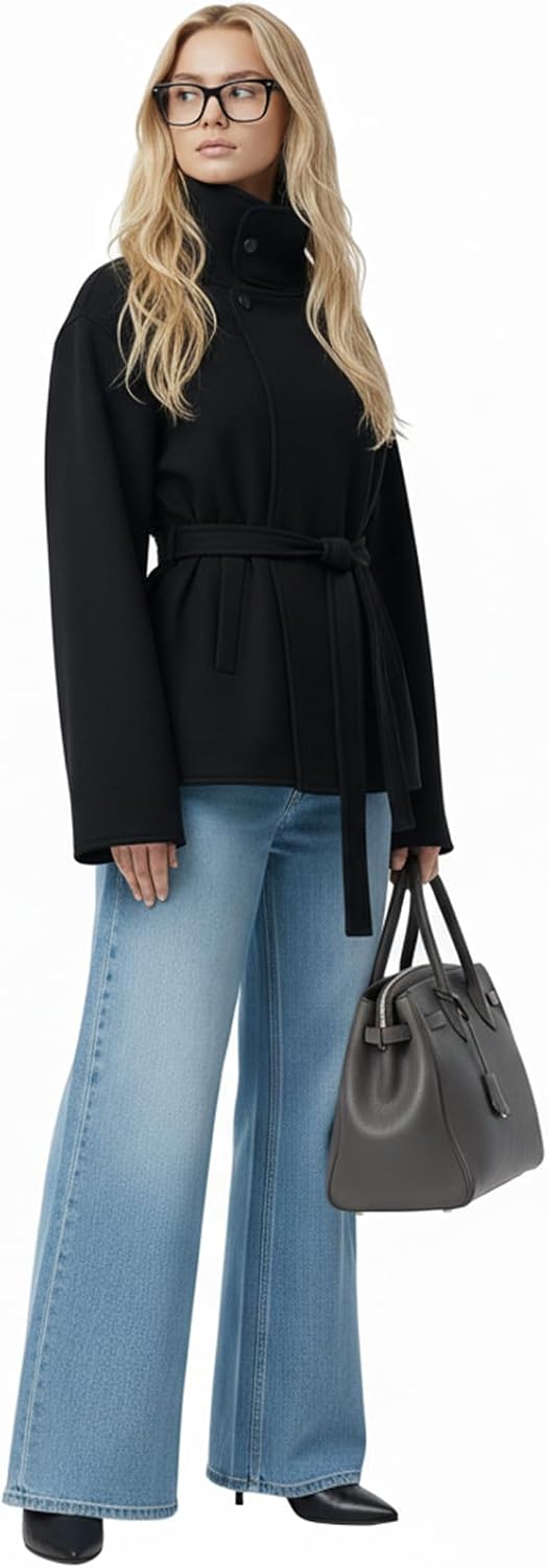 Women Cropped Trench Coat Funnel Neck Wool Jackets Oversized Belted Pea Coats Fall Winter Trendy Casual Outfits 2025 - Image 8