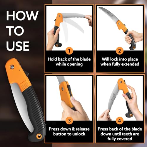 Image of JD FRESH Folding Hand Saw for Wood Cutting, 7.5 Inch 65Mn High Carbon Steel Triple Cut Blade for cutting, pruning, camping, gardening and Outdoor Use, Safety Lock, Anti Slip Handle, Black & Orange
