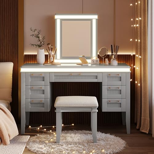 Image of 48 inch Vanity Desk with Mirror, Classic Makeup Vanity with 7 Drawers and Cushioned Stool, Hollow Design Drawer, Rubber Wood Legs, Dressing Table with Bamboo Weave Design, Easy Assembly (Grayish Blue,08)