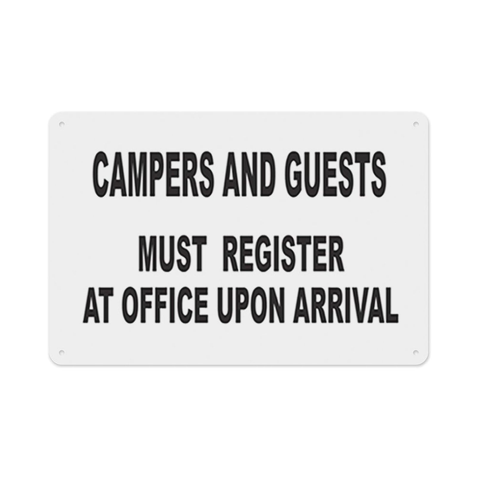 peiyeety Campers and Guests Must Register at Office Upon Arrival Sign Aluminum Tin Warning Signs for Home Outdoor Garden 12X16 Inches