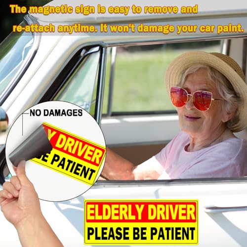 Image of 2 Pack Elderly Driver Car Magnet Sign, Senior Driver Car Magnet, Please Be Patient Sign to Old Grandma and Grandpa, Gag Prank Gifts for Women, Men, Senior Citizen Drivers Funny Joke 9.84 * 3.5 Inch (Yellow - 2 Pack)