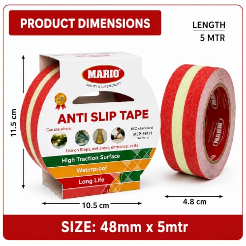 Image of Mario Red Anti-Skid Glow-in-the-Dark Tape Width 50mm x Length 5mtr (16.5 feet) | High Grip Waterproof Anti-Slip Safety Tape | Self Adhesive Non-Slip Tape for Stairs & Dark Areas | Pack of 1pc