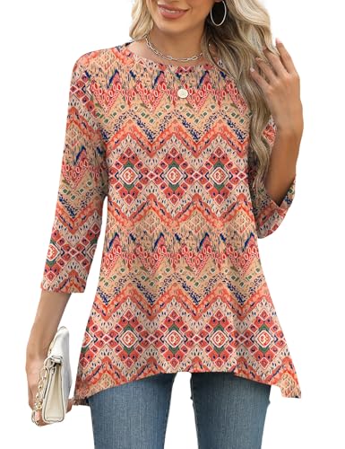 LOMON 3/4 Sleeve Tunic Tops for Women Loose Fit Dressy Casual Blouse Flowy Shirts to Wear with Leggings S-3XL