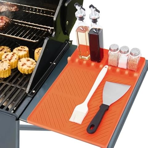 Silicone Grill Mat for Blackstone, Large Side Shelf Mat Grill Pad for Outdoor Grill, Griddle Tools Mat with Drip Pad, Spatula Mat for Outdoor Grill, Kitchen, Cooking, Countertop (Orange) Cover