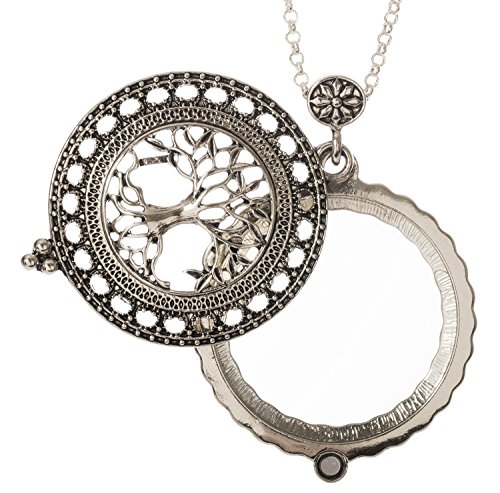 Artisan Owl Tree of Life 4x Magnifier Magnifying Glass Sliding Top Pendant Necklace (Silver Tone)